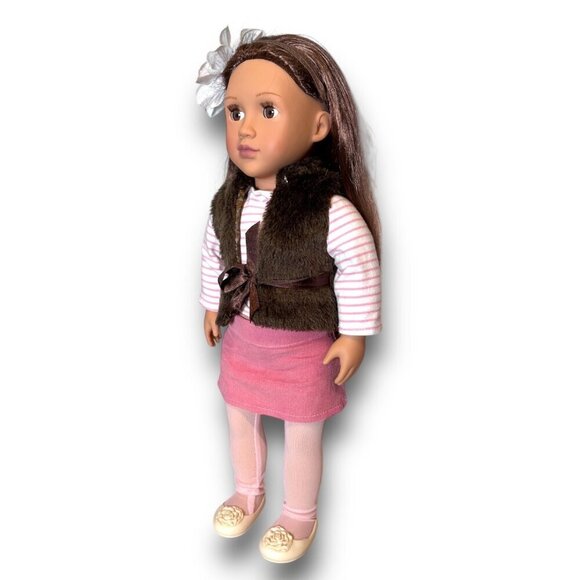 Sienna 18" Doll With Long Brown Hair Wearing Pink Skirt & Faux Fur Vest - Picture 2 of 15